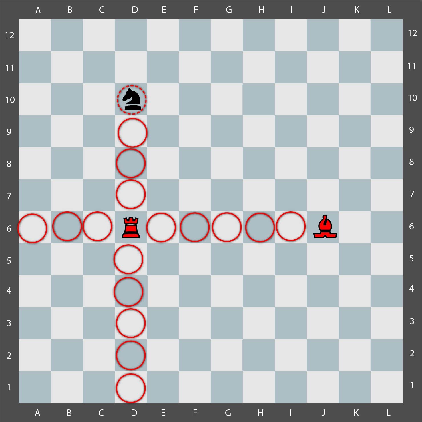 Diagrama de movimiento de una torre en el tablero Quaternity
